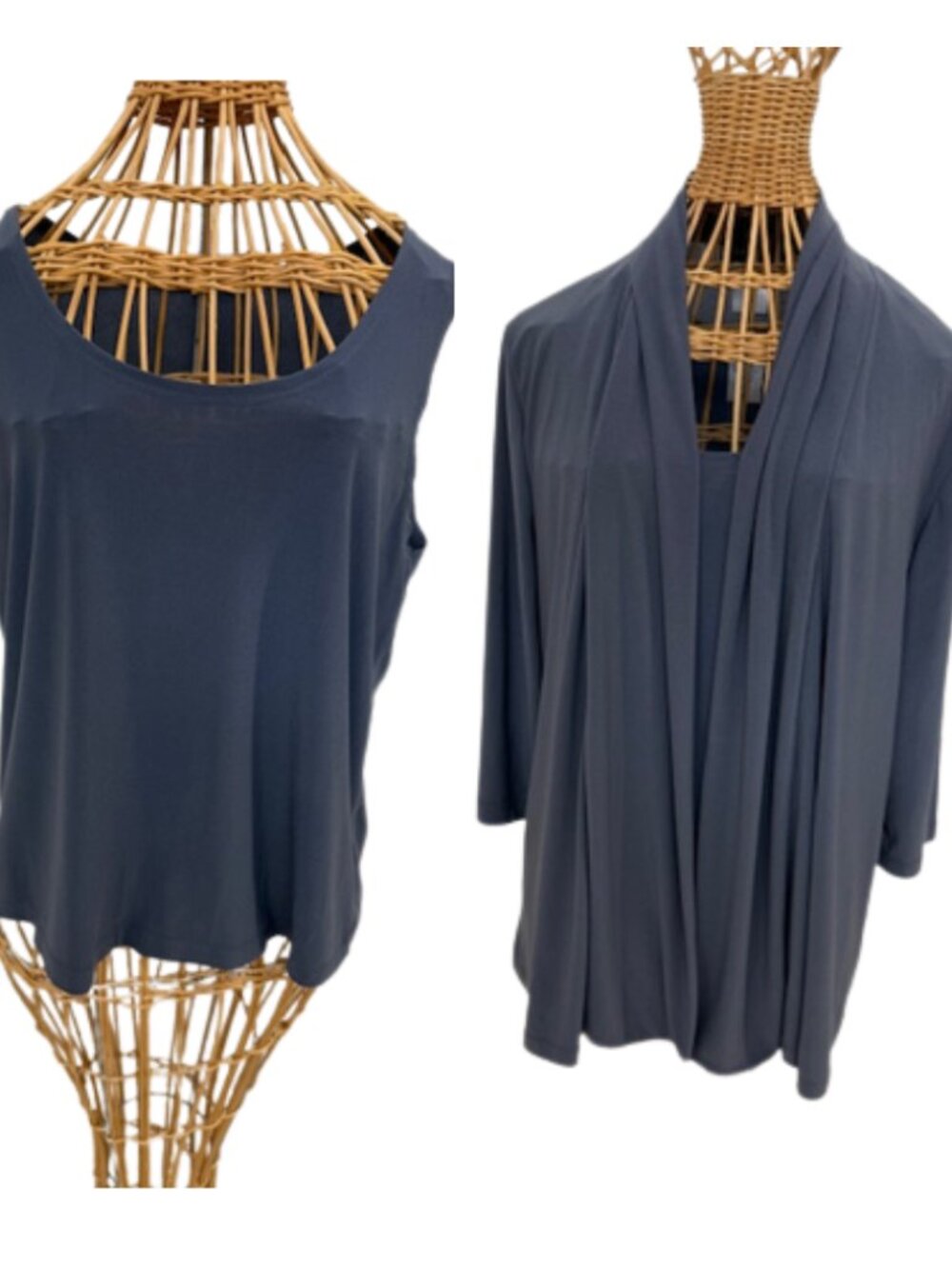 Slinky Brand matte jersey charcoal gray shell and cardigan set.